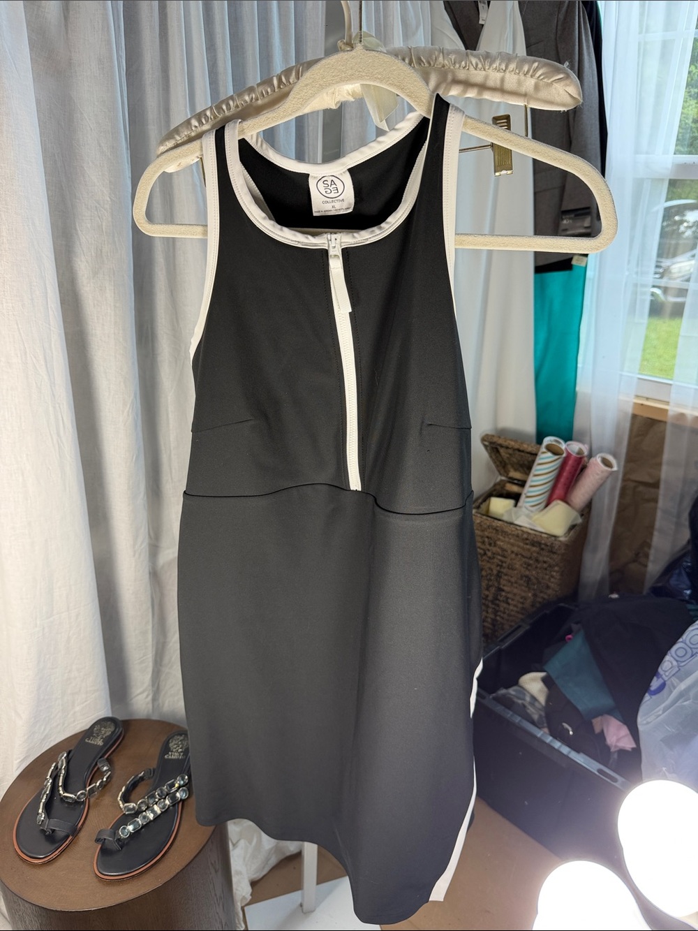 Collective Concepts Black One-Piece Zip-Front Swim Dress with White Trim